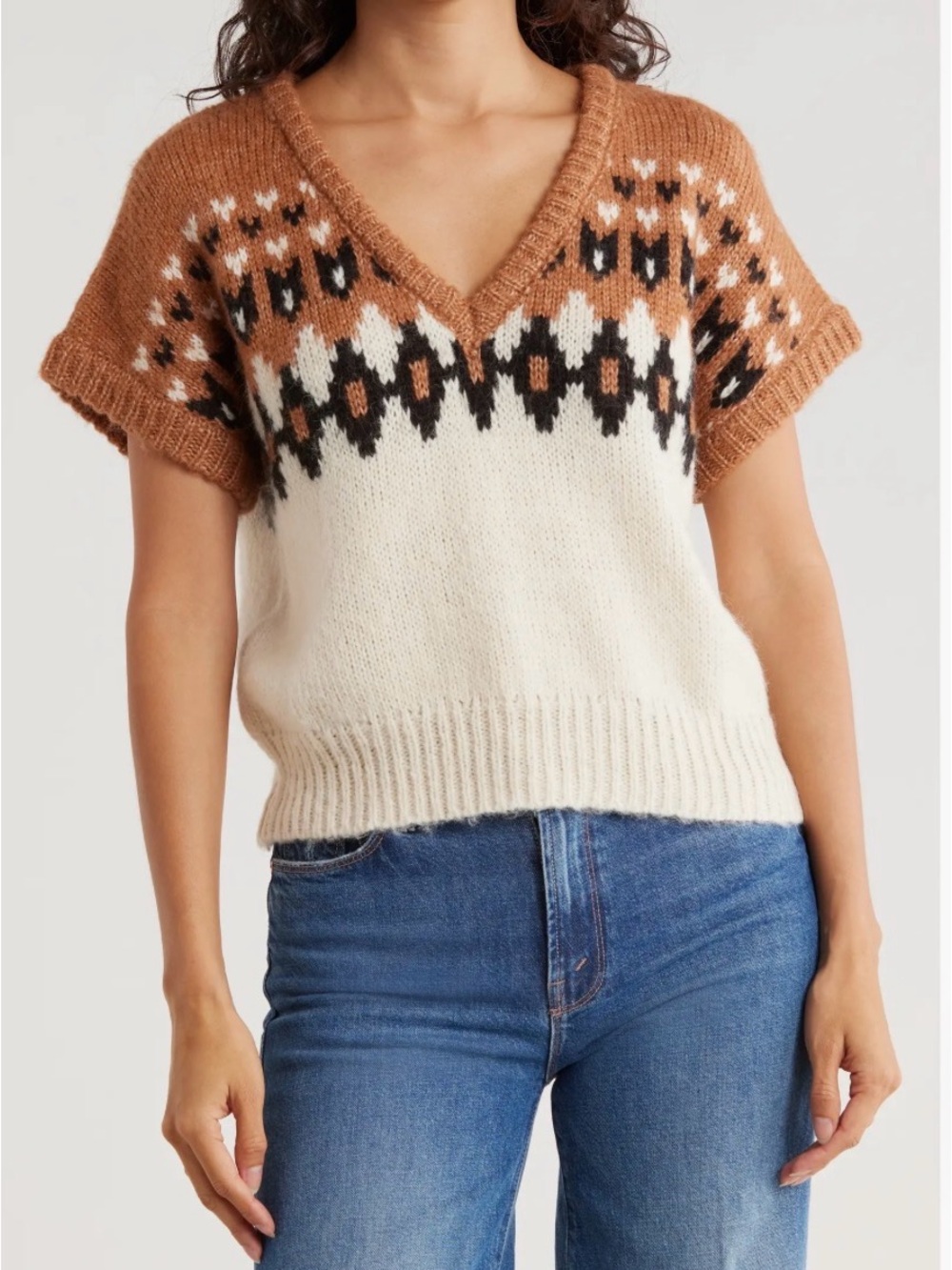 Blu Pepper Cream Rust V-Neck Short Sleeve Fair Isle Sweater Soft Wool Sz L NEW